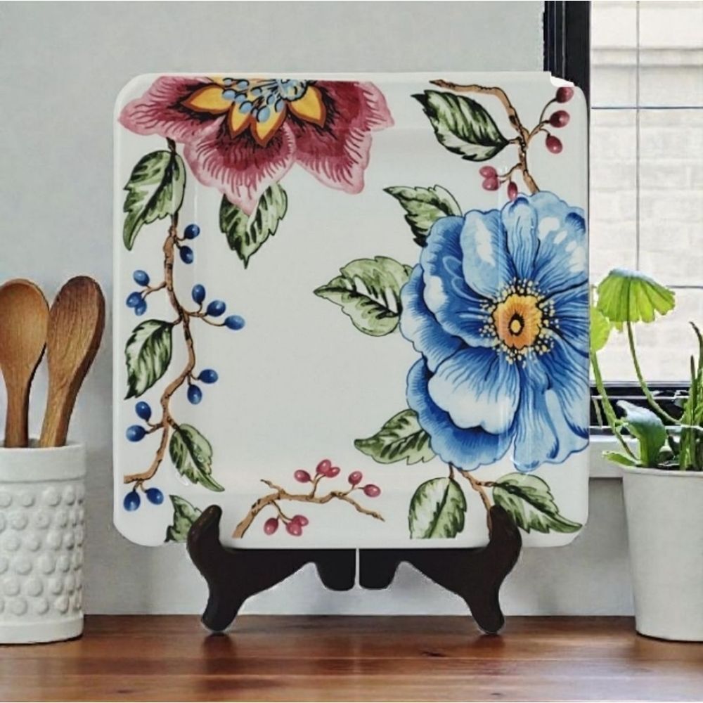 Vintage Brunelli Floral Patterned Square Porcelain Plate 7 1/2"